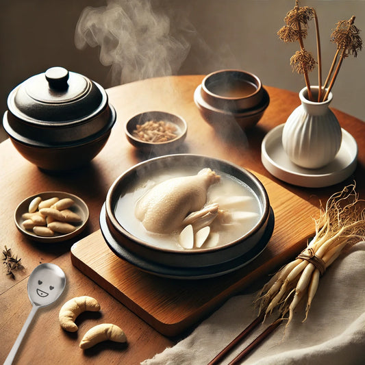 On the table, there is steaming samgyetang (ginseng chicken soup) with ginseng on top, and a cute spoon placed next to it.