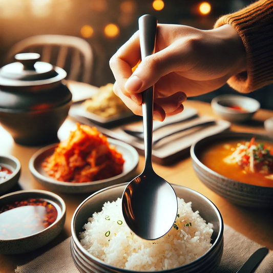 A close-up image of a hand holding a long-handled stainless steel spoon, with only the hand visible. On the table, there are bowls of rice, soup, and kimchi