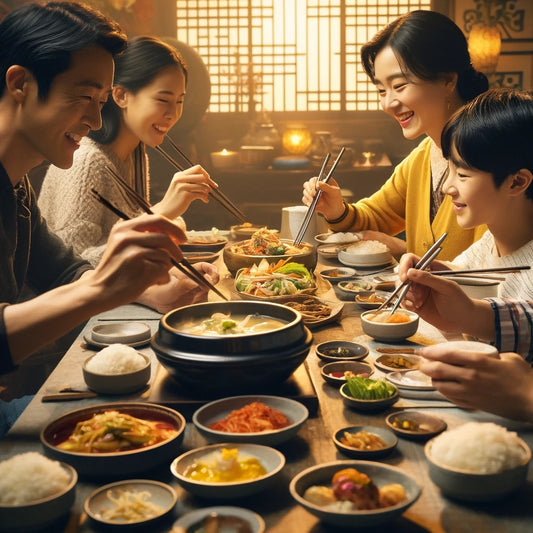 Four people are holding chopsticks and spoons, ready to eat at a table set with stew, rice, and side dishes.